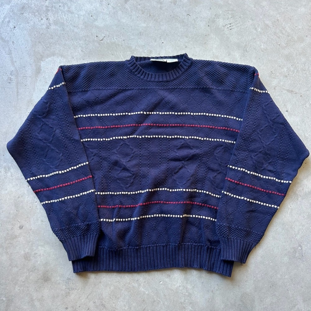 Northern Elements Vintage Navy Blue Striped Diamond Knit Cotton Sweater XL